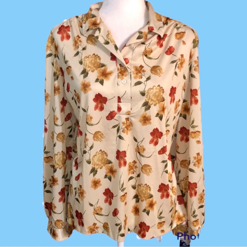 Vintage Nikky Cream Floral Half Button Down Shirt